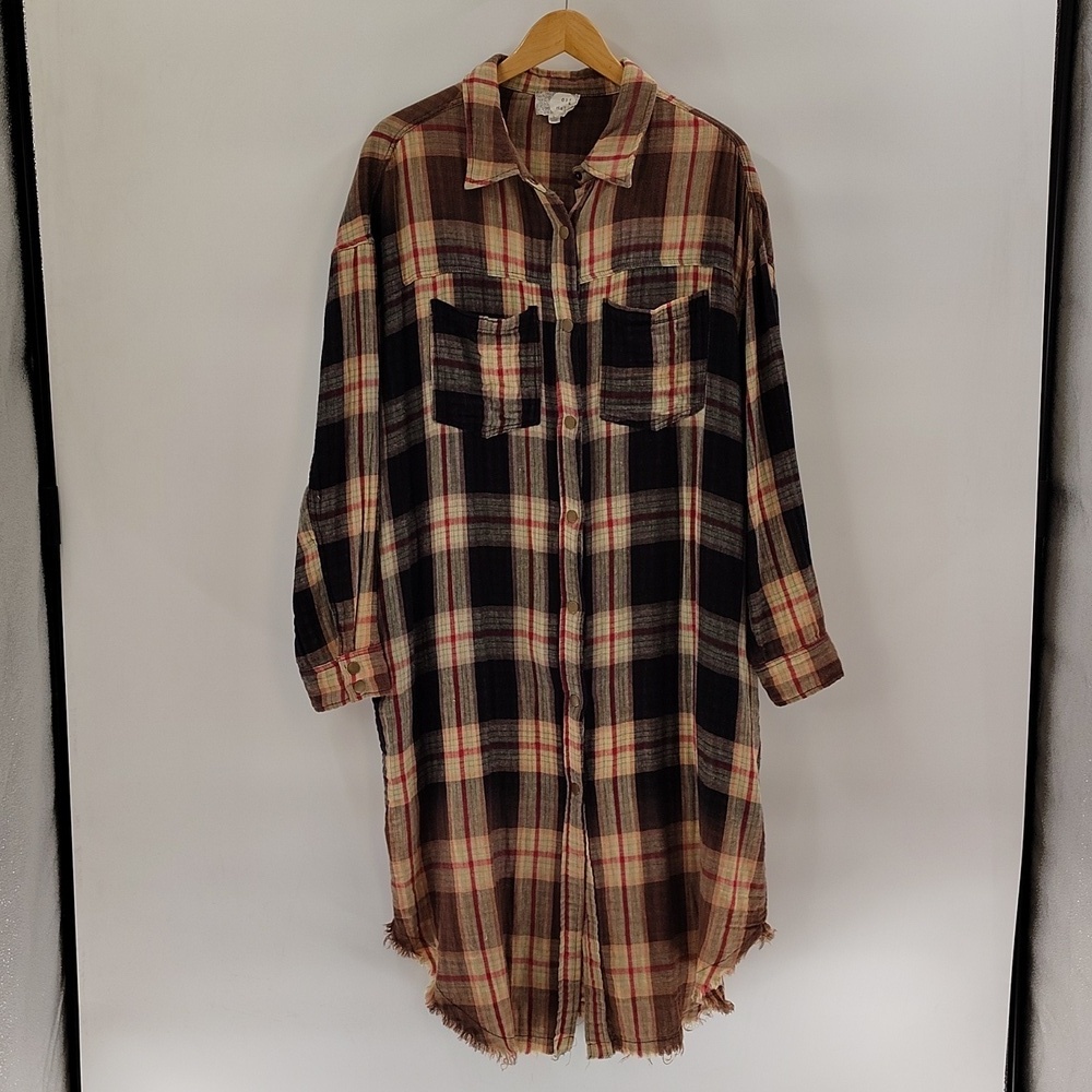 OLI & HALI Plaid Snap Down Mid Length Shacket Large Pockets Brown